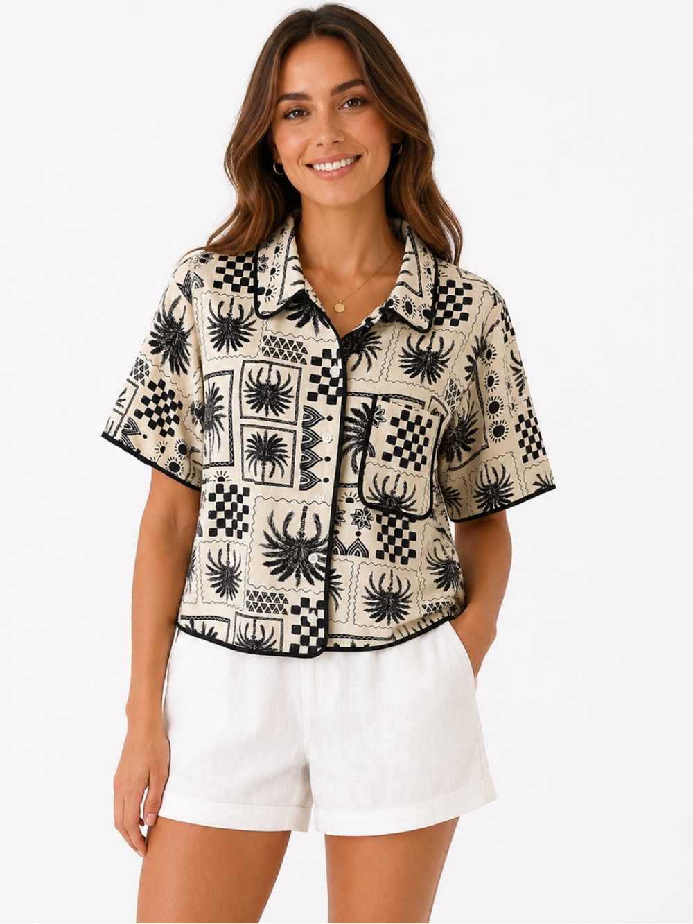 Tullea Linen Blend Short-Sleeve Palm Print Button-Up Top in Navy Blue and Cream